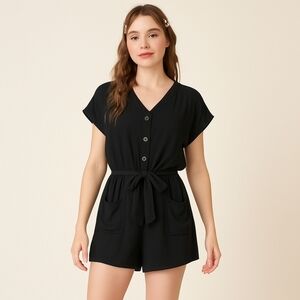 Black Button Front Short Sleeve Romper M P.S. Love Soft Girl Coquette Feminine